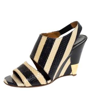 Pre Owned Chloe Cream/Black Striped Python Leather Ayers Wedge Slingback Sandals Size 37.5