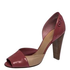 Pre Owned Chloe Rose Pink/Beige Patent Leather Peep Toe D'orsay Sandals Size 38.5