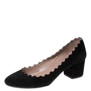 Pre Owned Chloe Black Suede Scalloped Block Heel Pumps Size 36