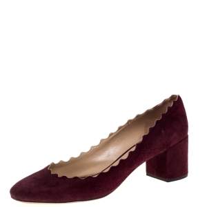 Pre Owned Chloe Burgundy Suede Lauren Scallop Trim Block Heel Pumps Size 39.5