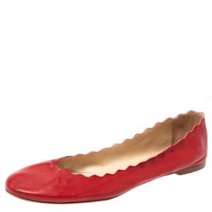 Pre Owned Chloe Red Leather Lauren Scalloped Ballet Flats Size 39.5