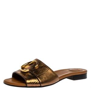 Pre Owned Chloe Golden Leather C Logo Flat Slides Size 36