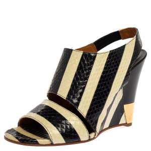 Pre Owned Chloe Cream/Black Striped Python Leather Ayers Wedge Slingback Sandals Size 39