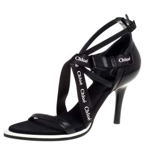 Chloe Black Leather and Canvas Strappy Logo Pointed Toe Sandals Size 40.5
