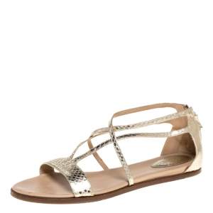 Pre Owned Chloe Gold Python Embossed Leather Strappy Ankle Zipper Flats Size 40