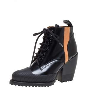 Pre Owned Chloé Black Leather Rylee Rubber Cap Toe Lace Up Ankle Boots Size 36