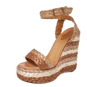 Chloe Tri Color Raffia Woven Wedge Ankle Strap Sandals Size 36.5