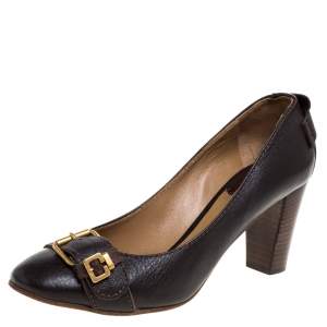 Pre Owned Chloe Brown Leather  Buckle Detail Round Toe Block Heel Pumps Size 39
