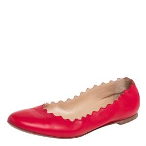 Pre Owned Chloé Red Leather Lauren Scalloped Ballet Flats Size 36