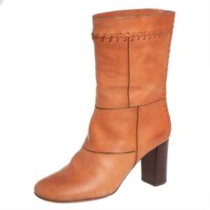 Pre Owned Chloe Tan Patchwork Leather Whipstitch Mid Calf Boots Size 36