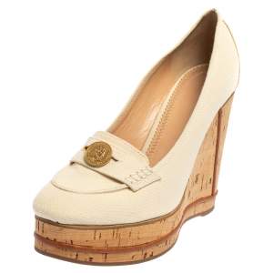 Pre Owned Chloé Off White Canvas Cork Wedge Platform Penny Loafer Pumps Size 41