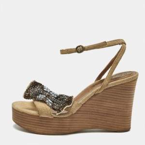 Pre Owned Chloe Beige Canvas Crystal Bow Ankle Strap Wedges Size 37