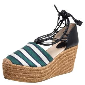 Chloe Multicolor Fabric and Leather Ankle Wrap Wedge Espadrilles Sandals Size 38