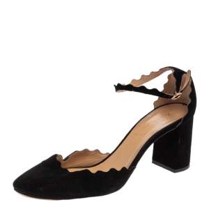 Pre Owned Chloe Black Scalloped Suede Ankle Strap Block Heel Sandals Size 42