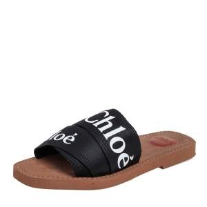 Pre Owned Chloe Black Logo Tape Woody Effect Slides Size 37