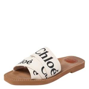 Pre Owned Chloé Ivory Canvas Logo Woody Flat Mules Size 38