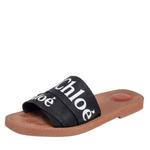 Pre Owned Chloé Black Canvas 'Woody' Logo Strap Slide Flat Sandals Size 39