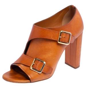 Pre Owned Chloe Brown Leather Buckle Open Toe Booties Size 39