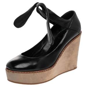 Chloe Black Leather Wedge Platform Ankle Wrap Sandals Size 37