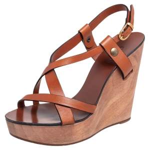Pre Owned Chloe Brown Leather Ankle Strap  Wedge Platform Sandals Size 36