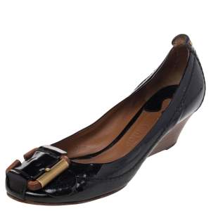 Pre Owned Chloe Black Patent Leather Wedge Pumps Size 36