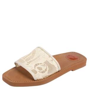 Pre Owned Chloe White Lace Slide Flats Size 38