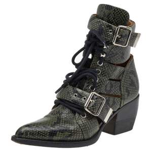 Chloe Green Python Embossed Leather Rylee Ankle Length  Boots Size 36