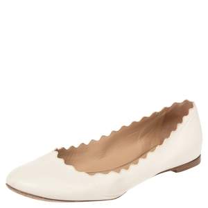 Chloe White Leather Lauren Scalloped Ballet Flats Size 38