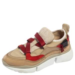 Pre Owned Chloe Beige/Maroon Mesh and Suede Sonnie Sneakers Size 37