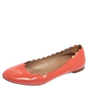 Pre Owned Chloe Coral Pink Patent Leather Lauren Scalloped Ballet Flats Size 38