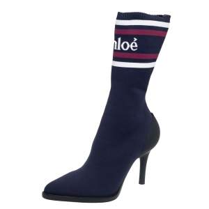 Pre Owned Chloe Blue Knit Fabric Logo Sock Boots Size 38