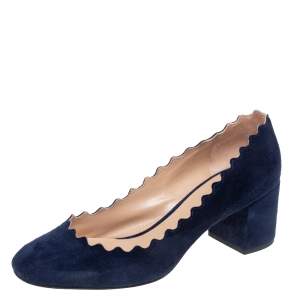 Pre Owned Chloe Blue Suede Lauren Scallop Trim Block Heel Pumps Size 35.5