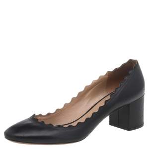 Pre Owned Chloé Black Leather Lauren Scalloped Block Heel Pumps Size 38.5