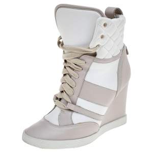 Pre Owned Chloe Light Pink/White Leather And Fabric Quilted High Top Wedge Sneakers Size 37