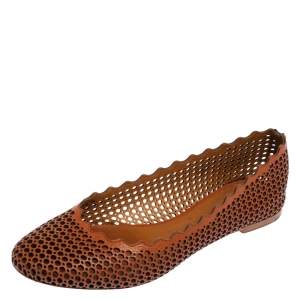 Chloe Brown Perforated Leather Lauren Scalloped Ballet Flats Size 38.5