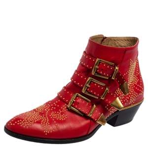 Chloé Red Leather Studded Susanna Ankle Boots Size 37.5