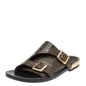 Pre Owned Chloe Olive Green Croc Embossed Leather Flat Sandals Size 36