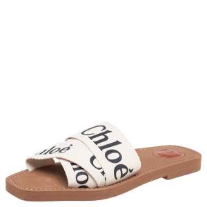 Pre Owned Chloe Off White Canvas Logo Ribbon Woody Flat Slide Sandals Size 38