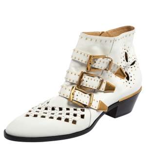 Chloe White Leather Cutout Studded Susanna Boots Size 38.5 