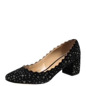 Pre Owned Chloe Black Suede Floral Studded Scalloped Lauren Block Heel Pumps Size 38