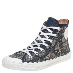 Pre Owned Chloe Blue Canvas Embellished High Top Sneakers Size 38