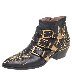 Pre Owned Chloe Black/Gold Studded Leather Susanna Ankle Boots Size 38