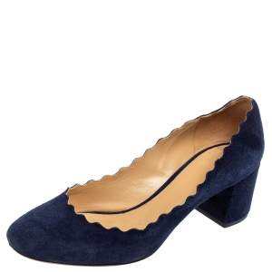 Pre Owned Chloe Blue Suede Lauren Scallop Trim Block Heel Pumps Size 37