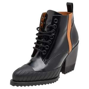 Pre Owned Chloe Black Leather Rylee Rubber Cap Toe Lace Up Ankle Boots Size 39.5