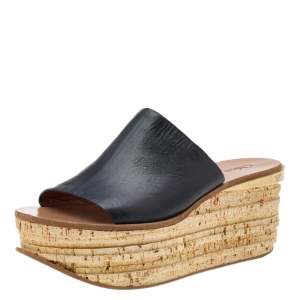 Chloe Black Leather Platform Wedge Slide Sandals Size 39
