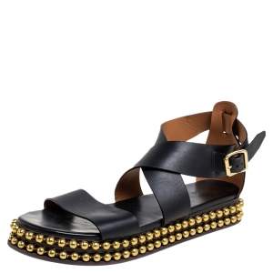 Chloe Black Leather Sawyer Embellished Ankle Strap Flat Sandals Size 40