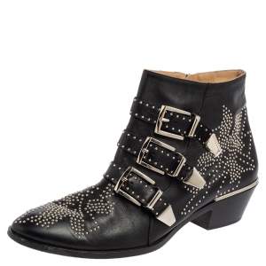 Pre Owned Chloe Black Studded Leather Ankle Boots Size 39