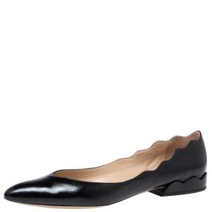 Pre Owned Chloe Black Leather Lauren Scalloped Ballet Flats Size 40.5 