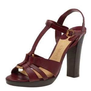 Chloe Burgundy Leather Ankle Strap Sandals Size 39.5
