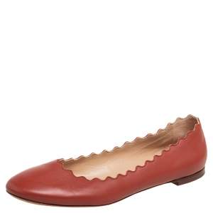 Pre Owned Chloe Orange  Leather Lauren Scalloped Ballet Flats Size 38.5